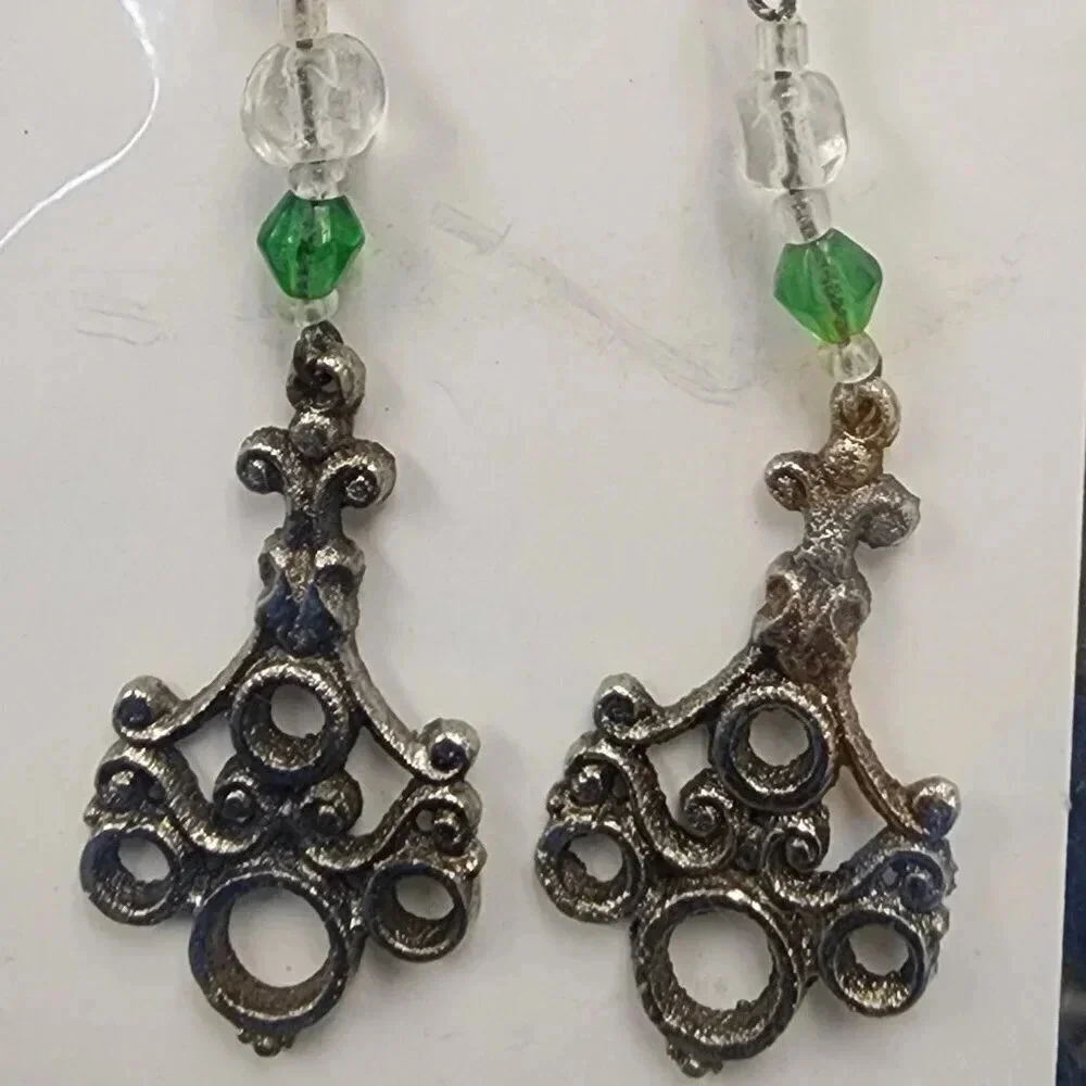 Vintage 60s-70s Green Faceted Beaded Filigree Charm Dangle Drop Hook Earrings
